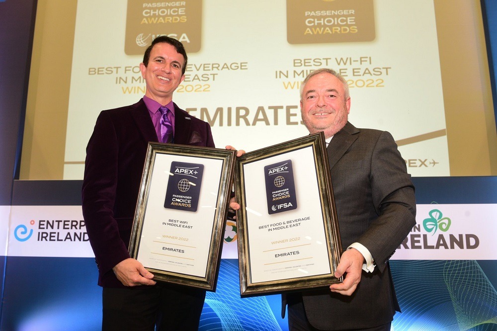 Emirates wins Best Wi-Fi and Best Food & Beverage at 2022 APEX Regional Passenger Choice Awards®